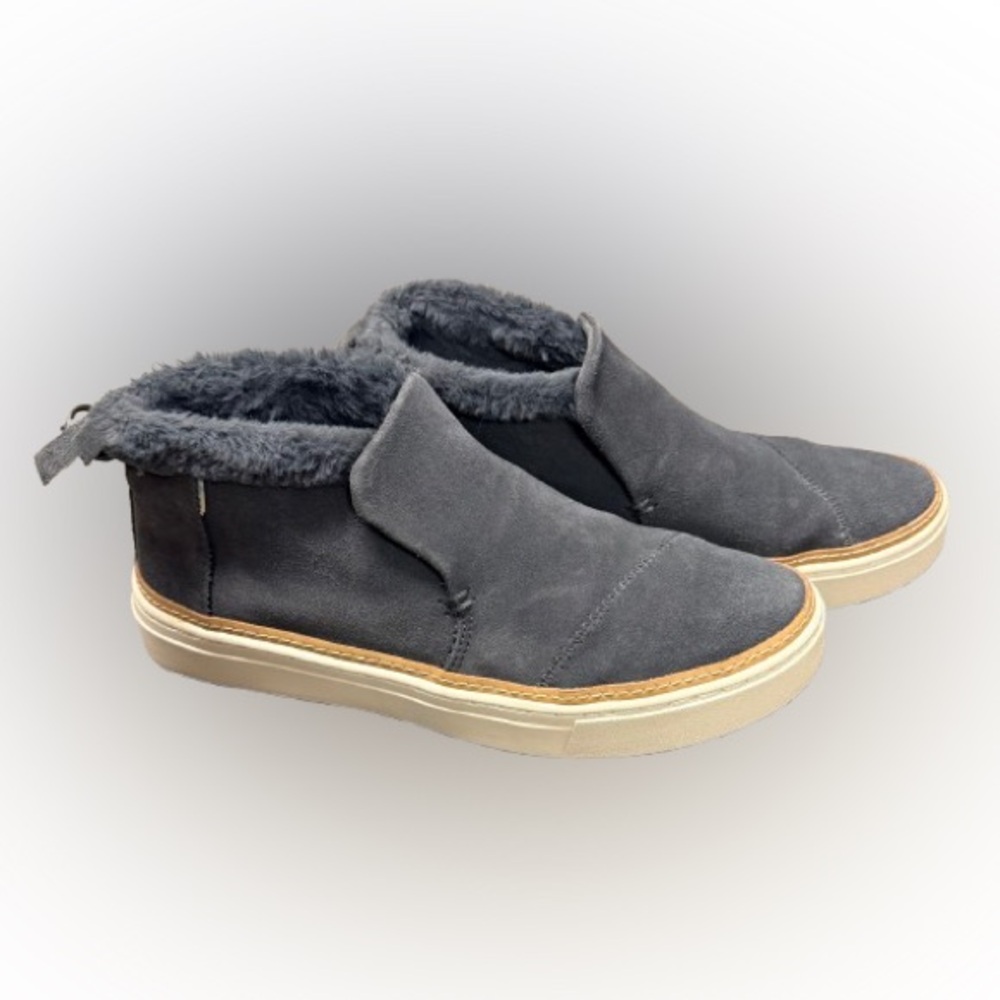 TOMS Women's Paxton Slip-On Ankle Bootie Grey Suede Faux Fur Lining Size 7.5
